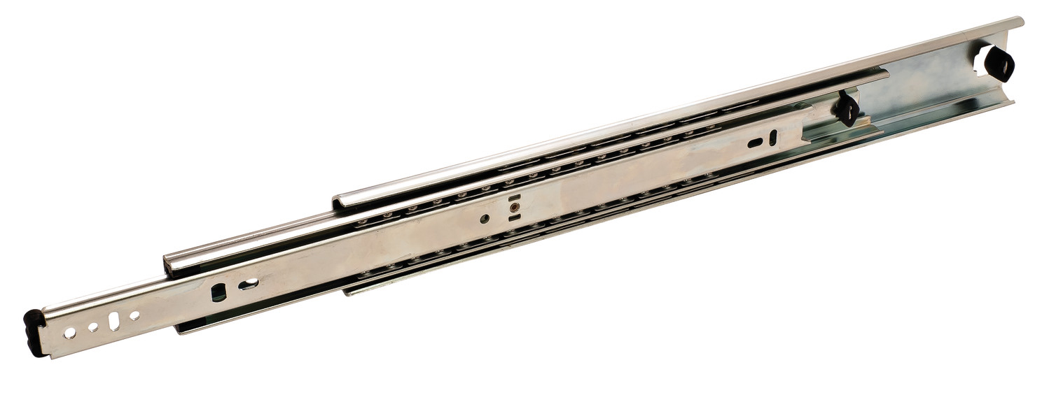 Heavy duty ball bearing drawer slide in zinc plated steel, fully extended